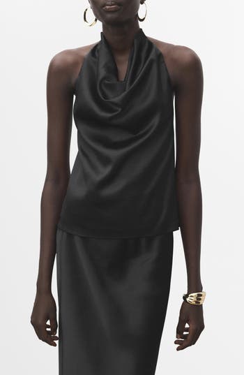 Mango Drape Halter Neck Satin Top In Black