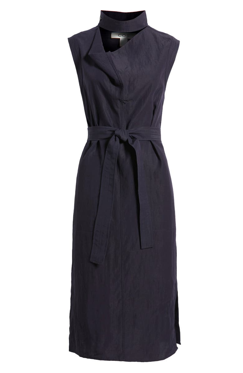 COS Cutout Mock Neck Tie Waist Midi Dress, Alternate, color, Blue Dark