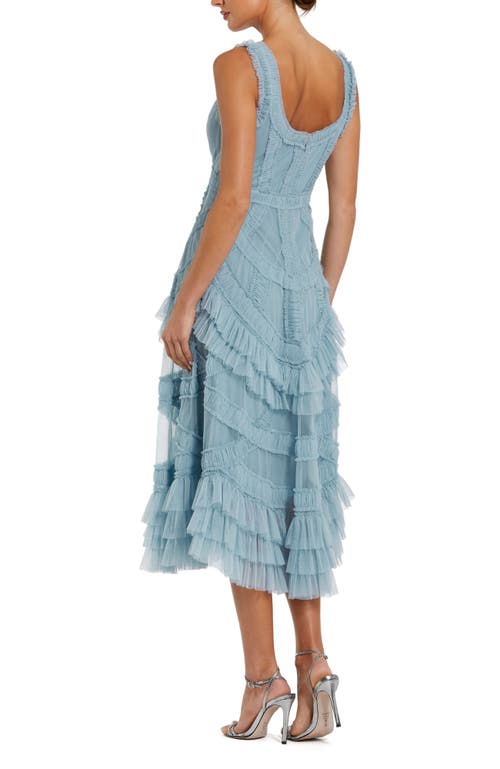 Mac Duggal Scoop Neck Sleeveless Mesh Micro Ruffle Midi Dress In French Blue