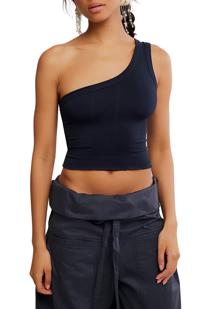 Free People So Soft One-Shoulder Crop Tank, Main, color, Black