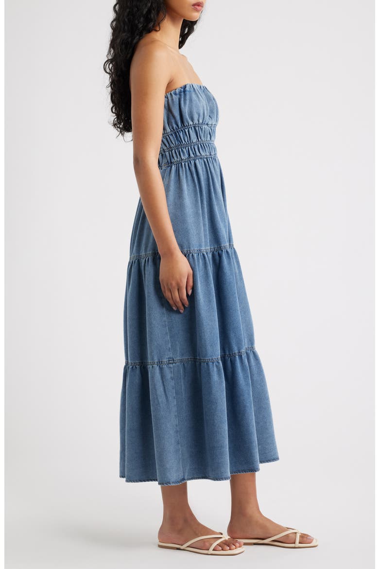 Strapless Tiered Denim Midi Dress, Alternate, color, DENIM