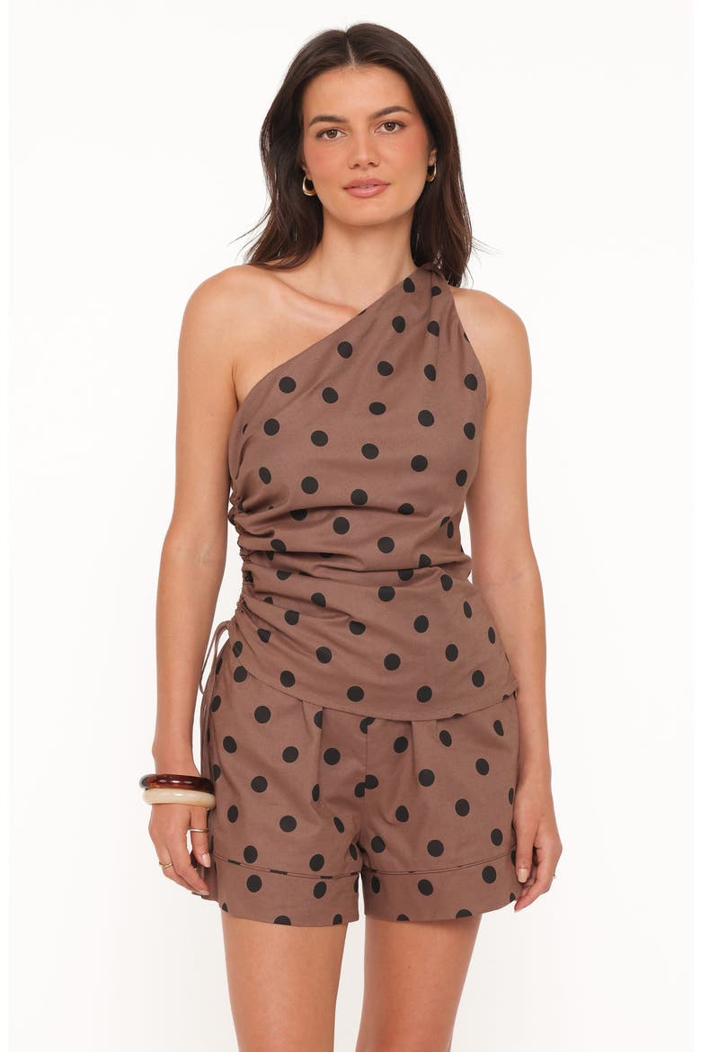 Carter One-Shoulder Top & Shorts Set, Alternate, color, BROWN POLKA DOT
