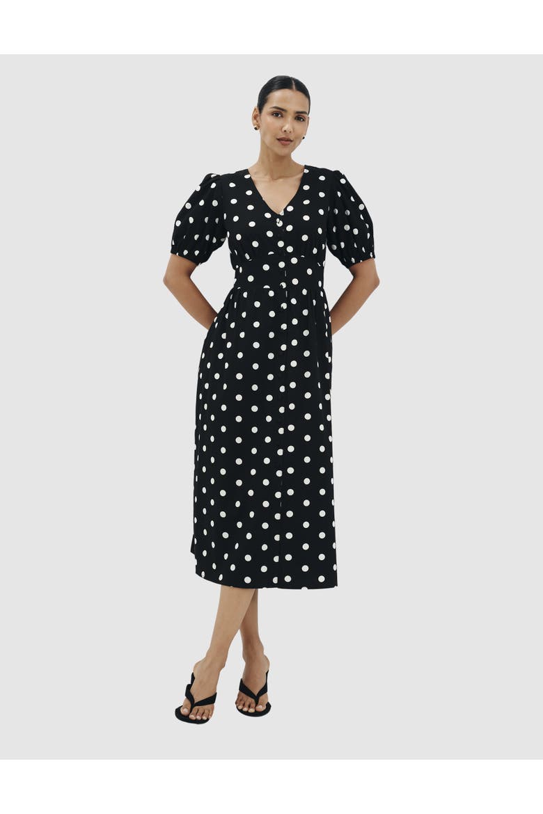 Petite Addison Cotton V-Neck Midi Dress, Main, color, Black Spot
