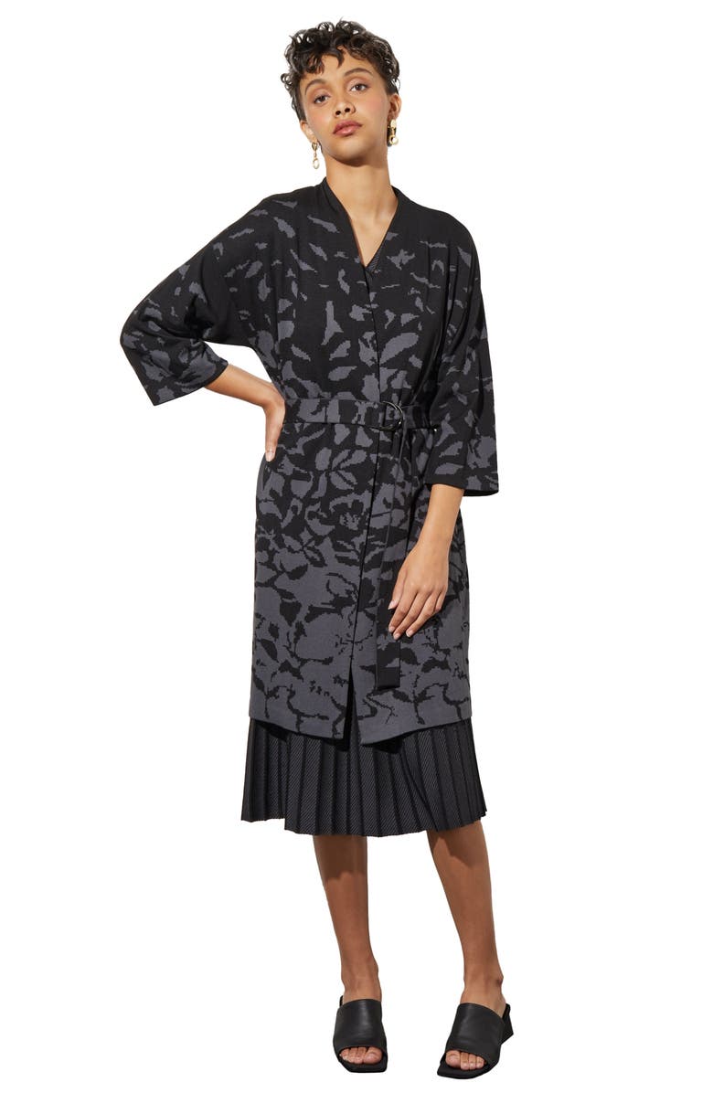 Ming Wang Floral Jacquard Belted Jacket, Alternate, color, Blk/Granite