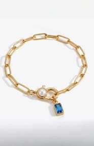 Mint & Lily Paperclip Bracelet with Pearl Accent with Dainty Baguette Birthstone Charm