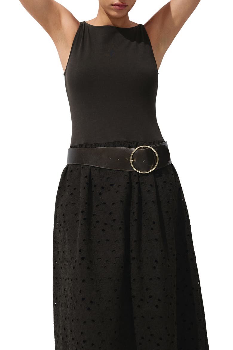 Embroidered Eyelet Mixed Media Dress, Alternate, color, BROWN