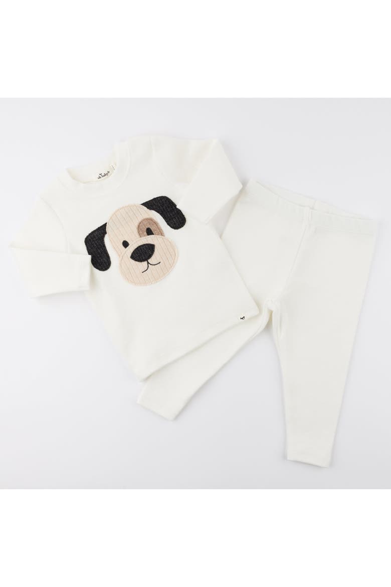 Puppy Face Applique Long Sleeve Two Piece Set, Alternate, color, Cream