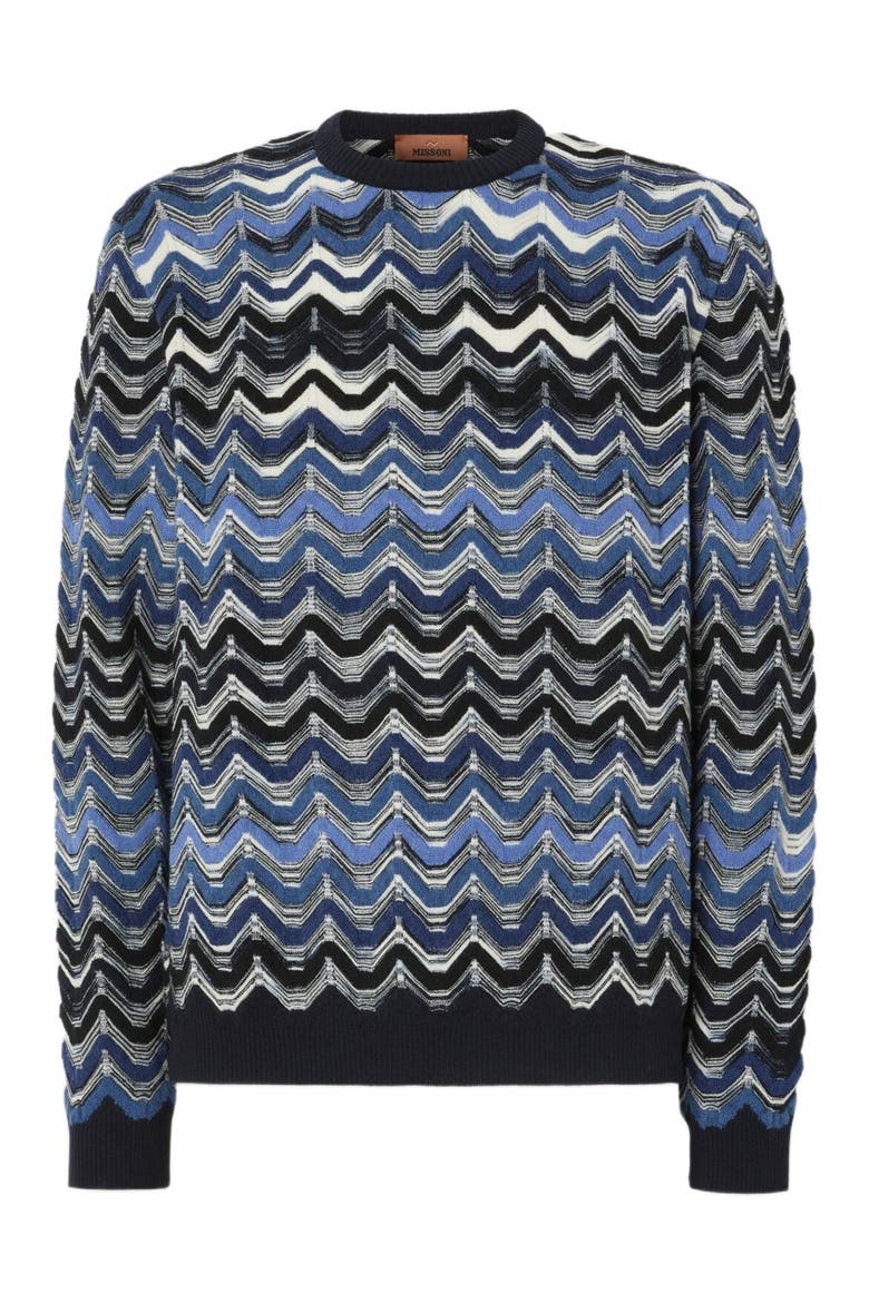Crew Neck Sweater With Geometric Zigzag Pattern, Alternate, color, Blue