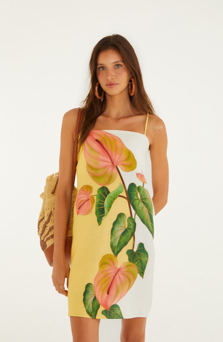 FARM Rio Anthurium Golden Linen Shift Minidress, Alternate, color, Golden Yellow