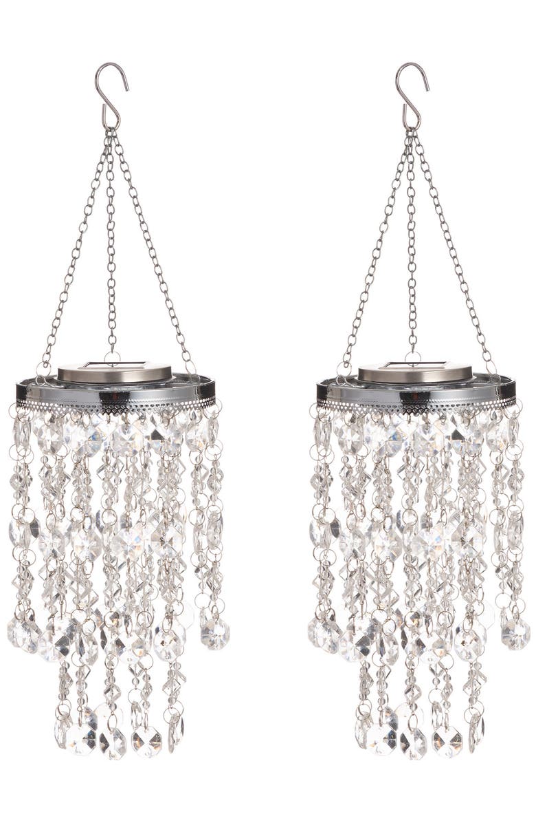 Glitzhome Set of 2 Solar Lighted Acrylic Jewel Beaded Wind Chime or Chandelier Hanging Decor, Alternate, color, White