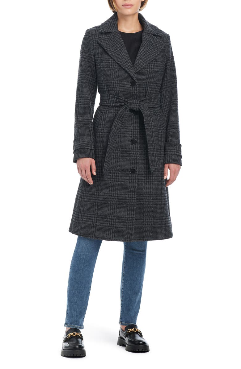 Kate Spade New York walker belted coat with removable faux fur collar and cuffs, Alternate, color, Sparkle Houndstooth