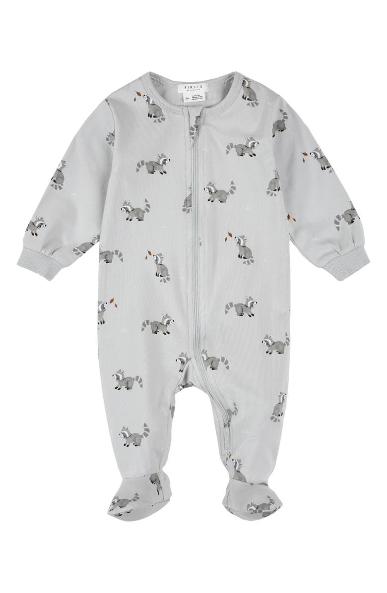 FIRSTS by Petit Lem Raccoon Print Footed One-Piece Pajamas, Main, color, 