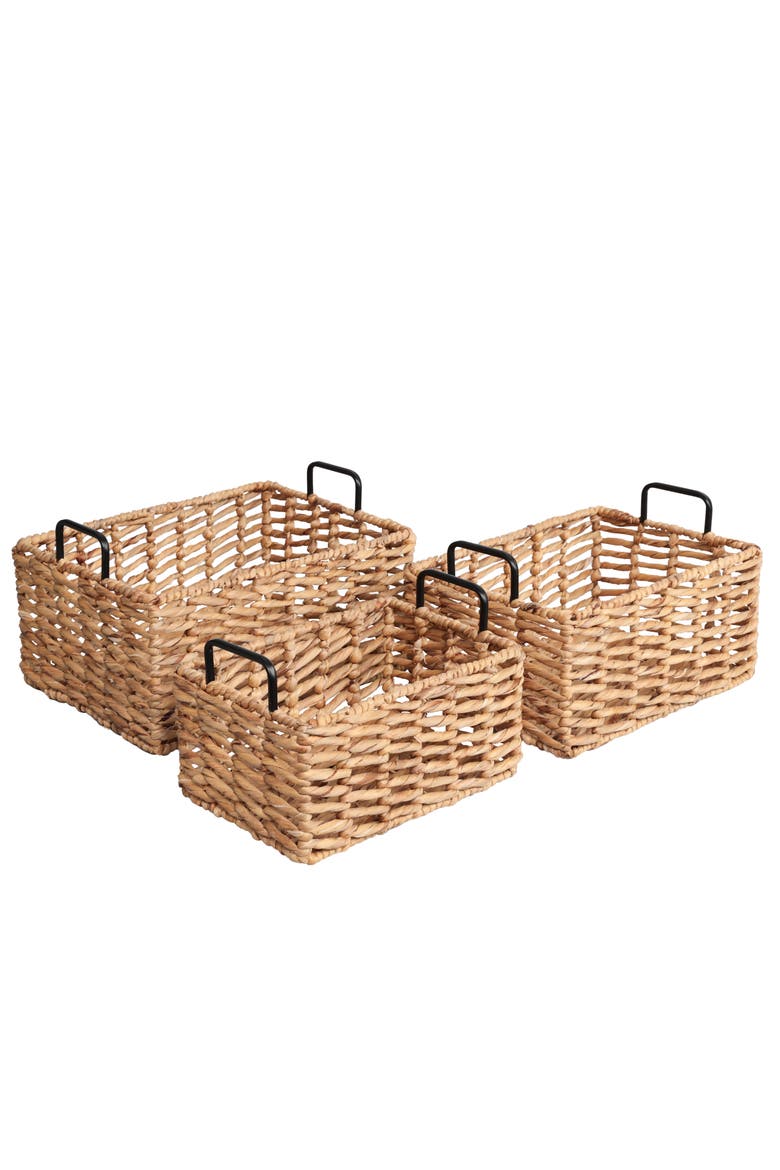Handwoven Water Hyacinth Nesting Storage Baskets with Metal Handles, Main, color, Natural