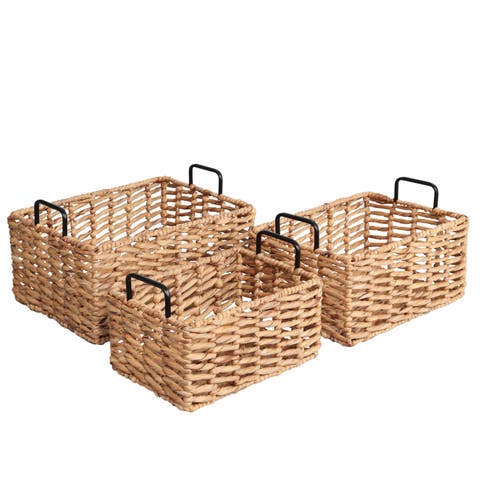 Handwoven Water Hyacinth Nesting Storage Baskets with Metal Handles (Set of 3)