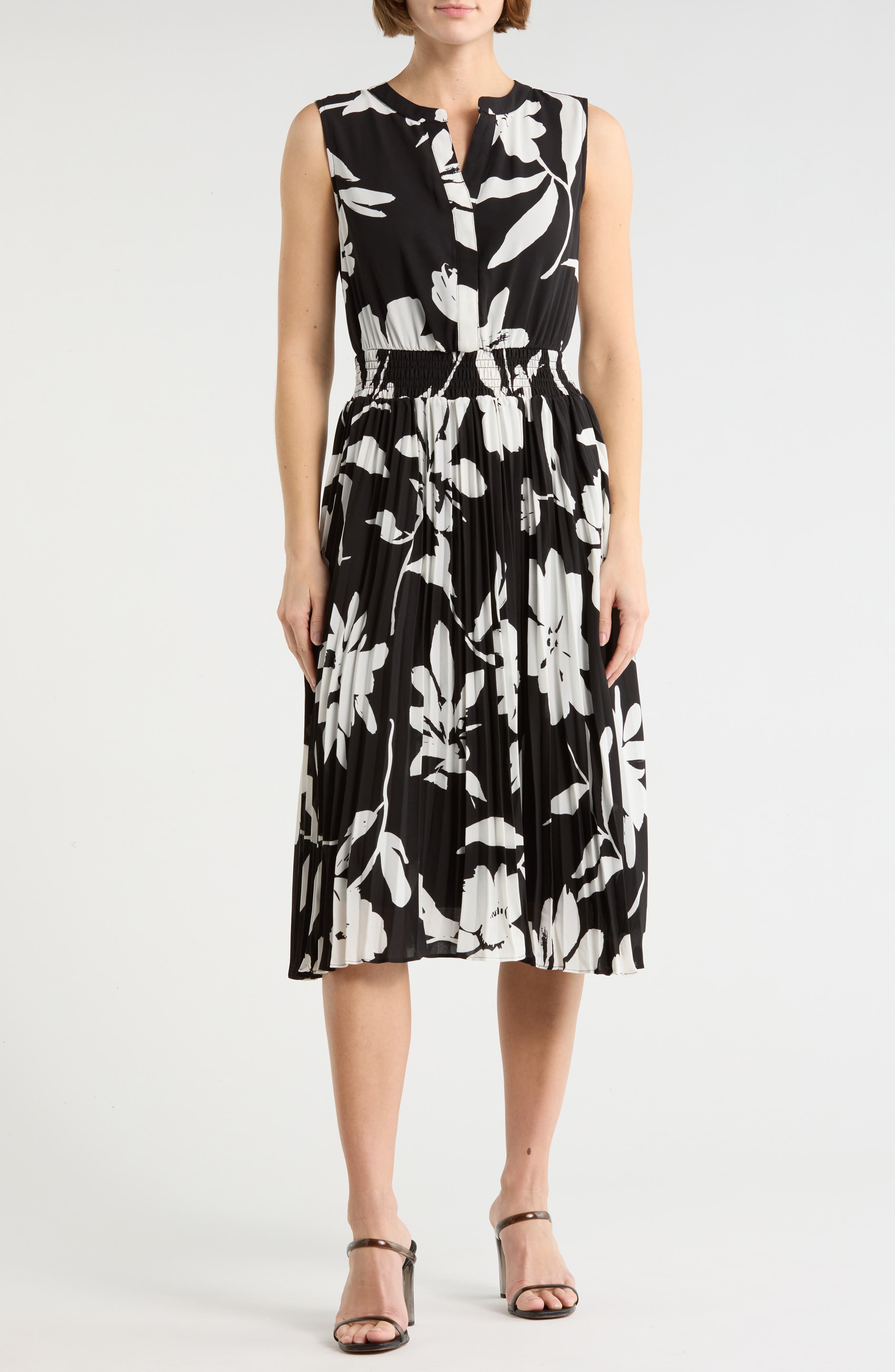 T Tahari Split Neck Sleeveless Midi Dress