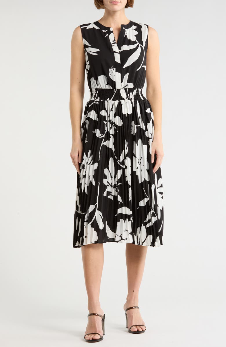 T Tahari Split Neck Sleeveless Midi Dress, Main, color, Graphic Garden Print