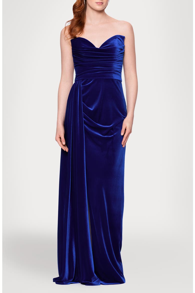 Drape Strapless Velvet Gown, Main, color, SAPPHIRE