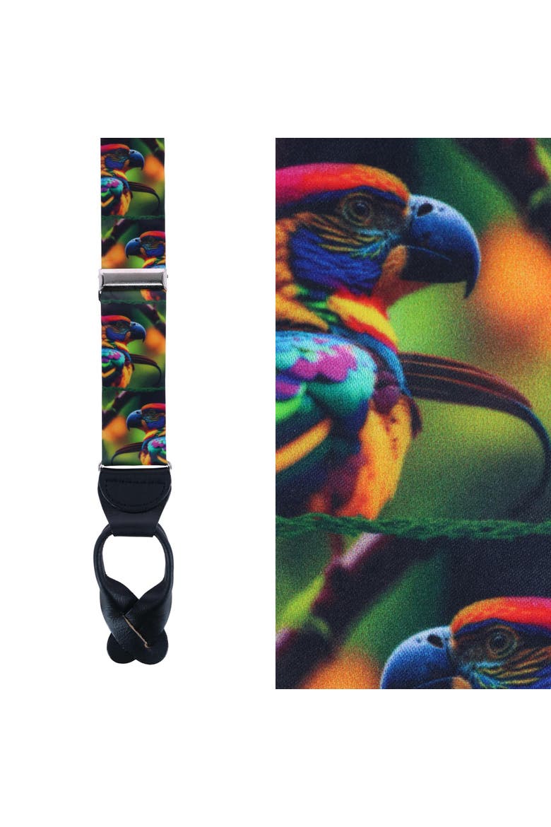 Jungle Parrot Silk Button End Suspenders, Main, color, Multiple