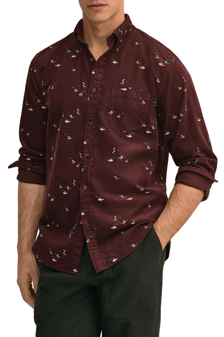 Mallard-Motif Corduroy Button-Down Sport Shirt, Main, color, BURGDUCK