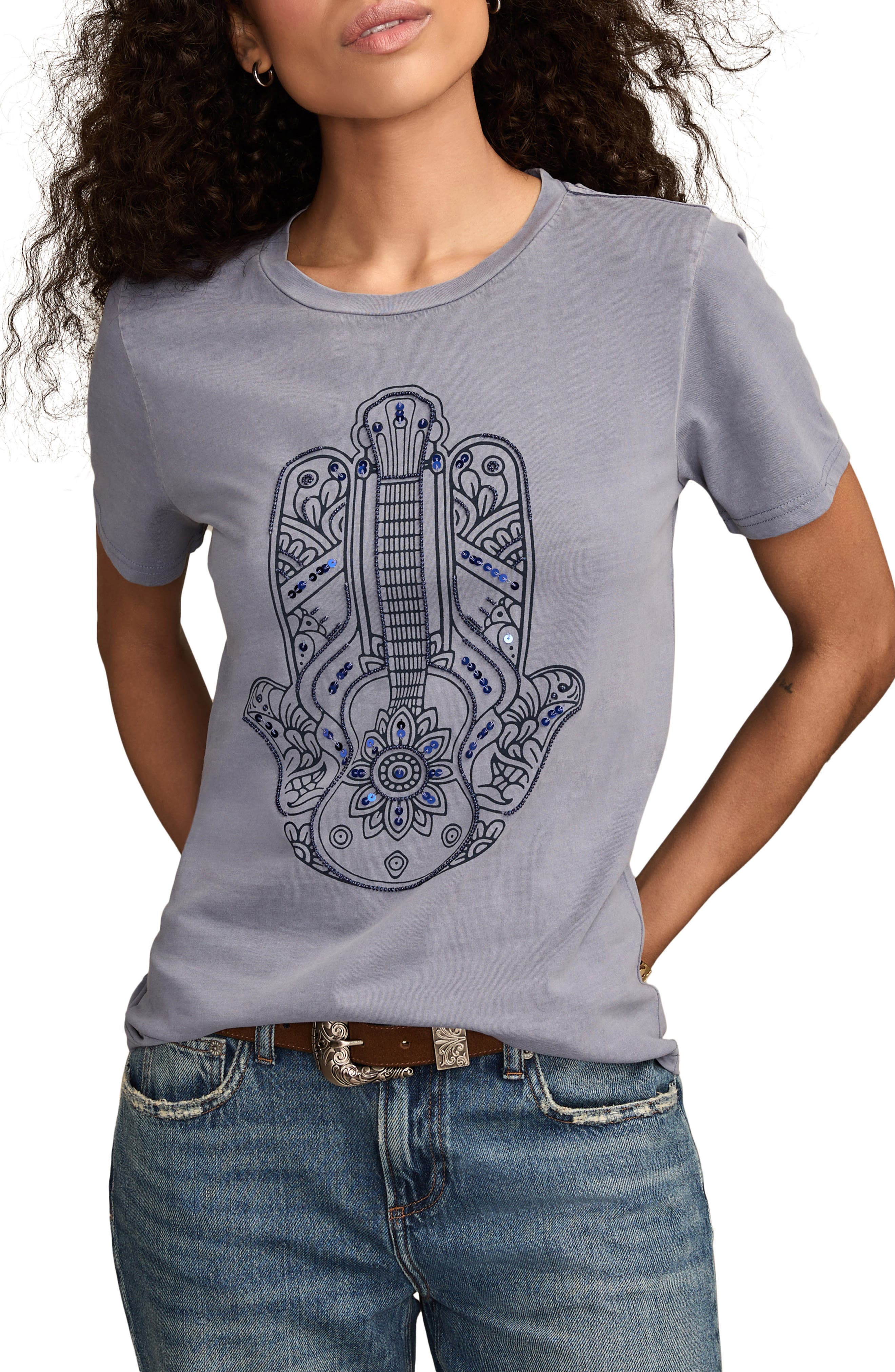 Lucky Brand Guitar Hamsa Embellished Cotton Graphic T-Shirt