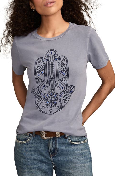 Guitar Hamsa Embellished Cotton Graphic T-Shirt
