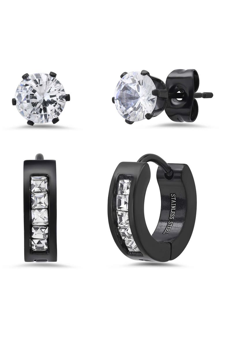 Men's Stainless Steel Cubic Zirconia Stud & Huggie Hoop Earring Set, Main, color, BLACK