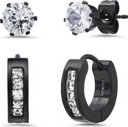 STEELTIME Men's Stainless Steel Cubic Zirconia Stud & Huggie Hoop Earring Set
