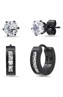 Men's Stainless Steel Cubic Zirconia Stud & Huggie Hoop Earring Set