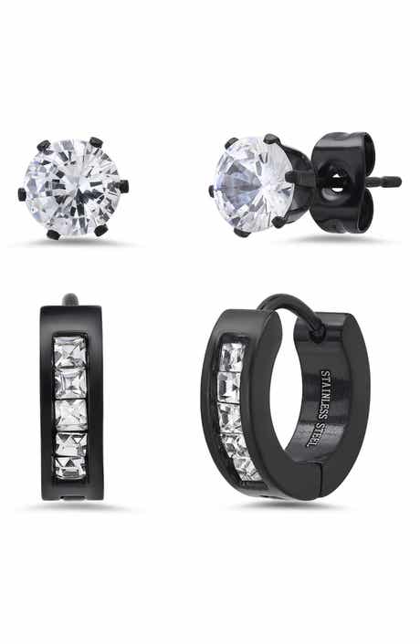 Men's Stainless Steel Cubic Zirconia Stud & Huggie Hoop Earring Set