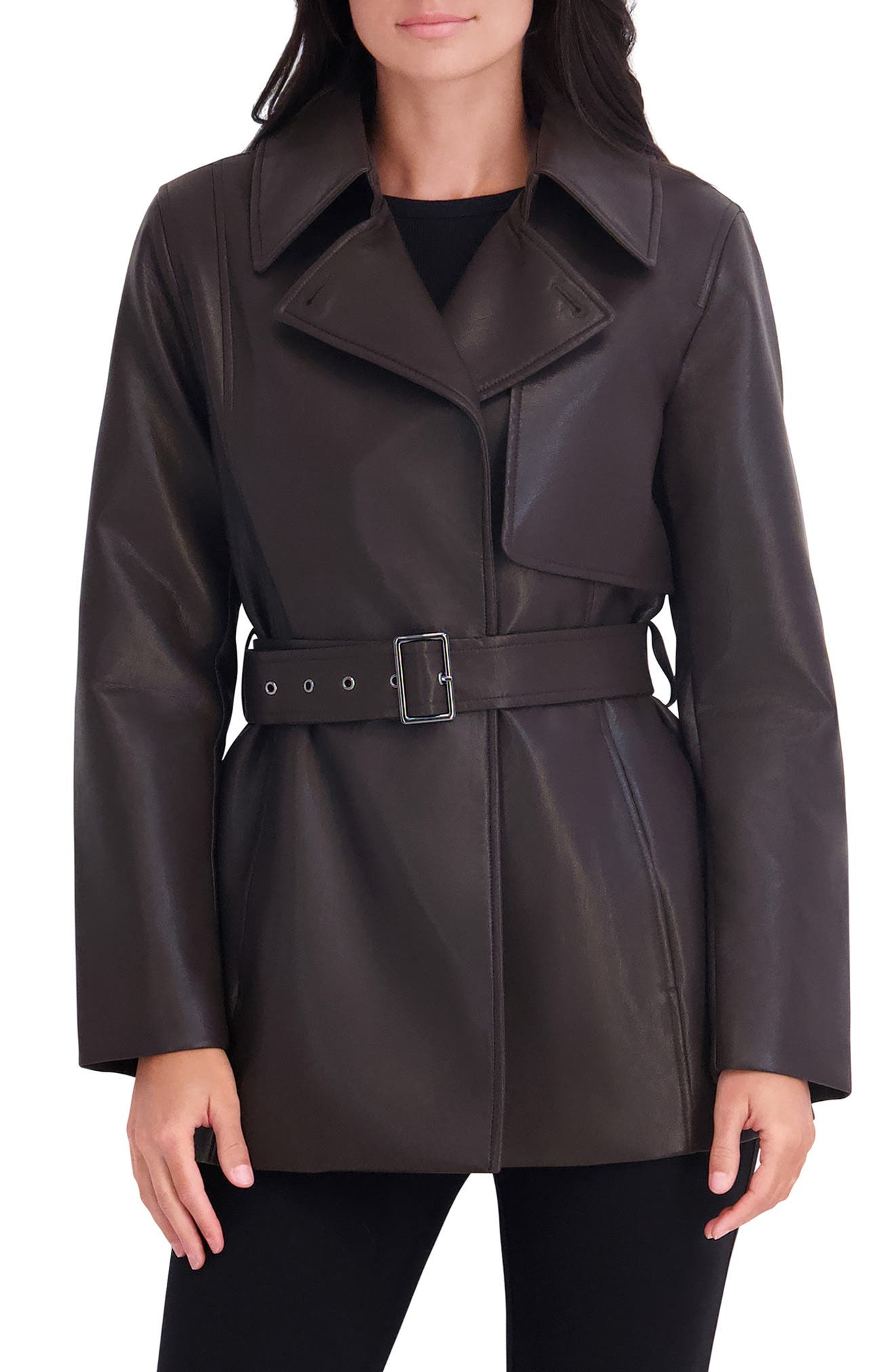 Faux Leather Belted Trench Coat