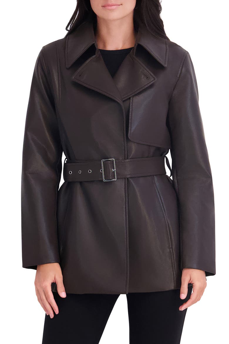 Faux Leather Belted Trench Coat, Main, color, CHOCOLATE