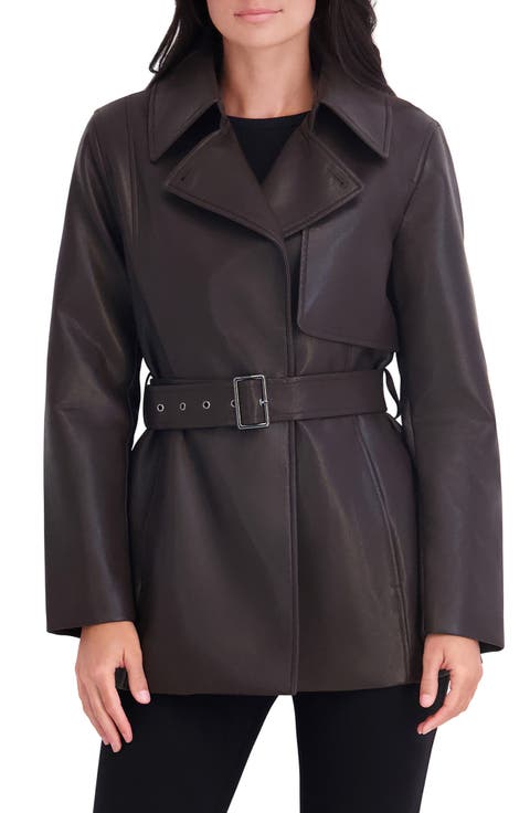 Faux Leather Belted Trench Coat