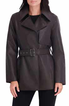 Faux Leather Belted Trench Coat