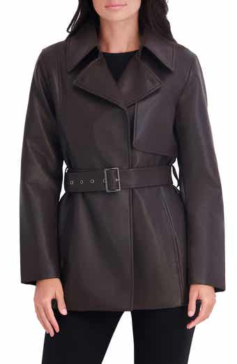 Faux Leather Belted Trench Coat