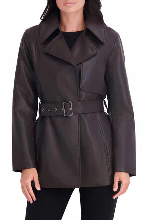 Faux Leather Belted Trench Coat