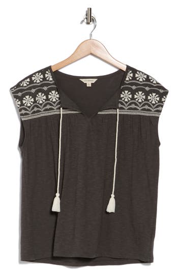 Shop Lucky Brand Embroidered Cotton Split Neck Top In Raven