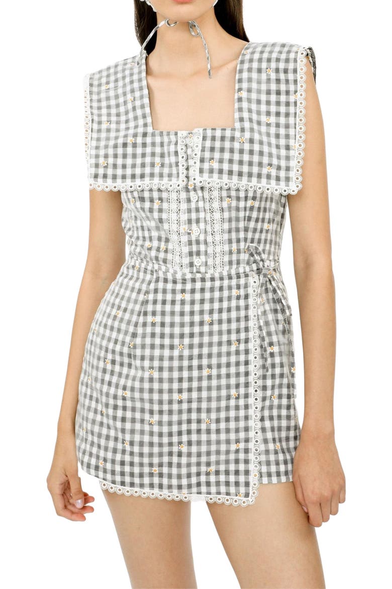 Daisy Embroidery On Gingham Romper, Alternate, color, BLACK MULTI