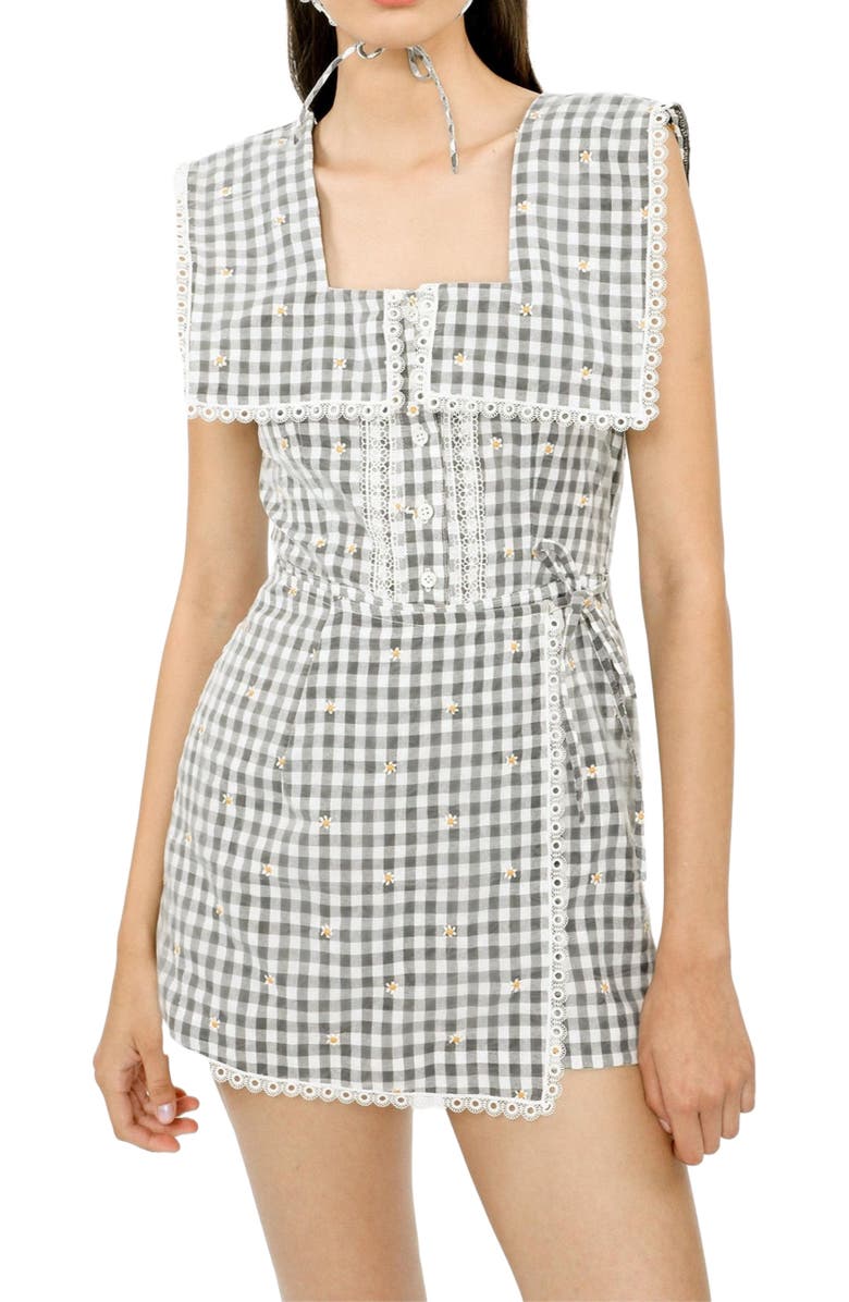 Anna Sui Daisy Embroidery On Gingham Romper, Alternate, color, Black Multi