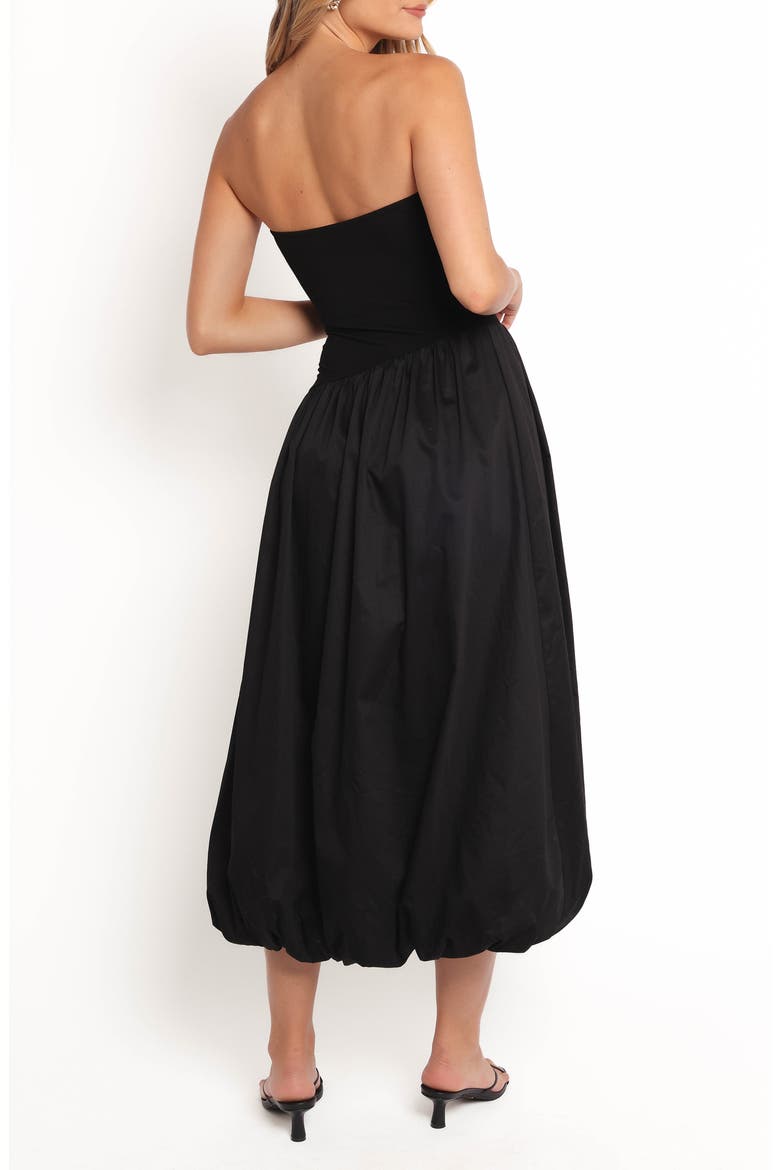 Annalyse Strapless Bubble Hem Mixed Media Midi Dress, Alternate, color, BLACK
