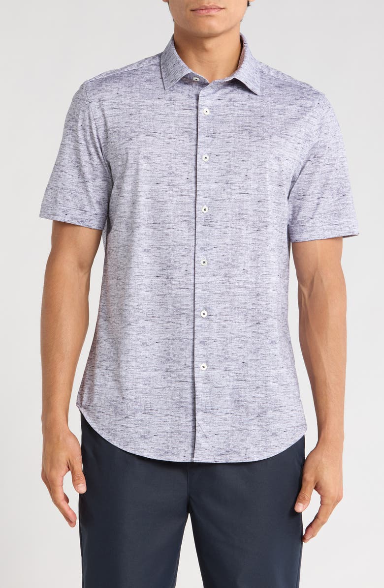 Bugatchi Miles OoohCotton<sup>®</sup> Heathered Short Sleeve Button-Up Shirt, Main, color, Navy