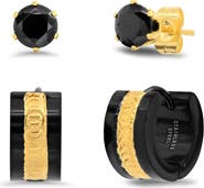 STEELTIME Men's Simulated Diamond Studs & Two-Tone Hoop Earrings Set