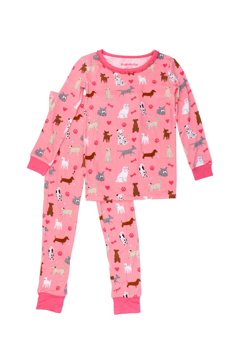 SoftSnooze Toddler Girls Ruffle Long Sleeve Pajama Set, Alternate, color, Pink Puppy Playtime