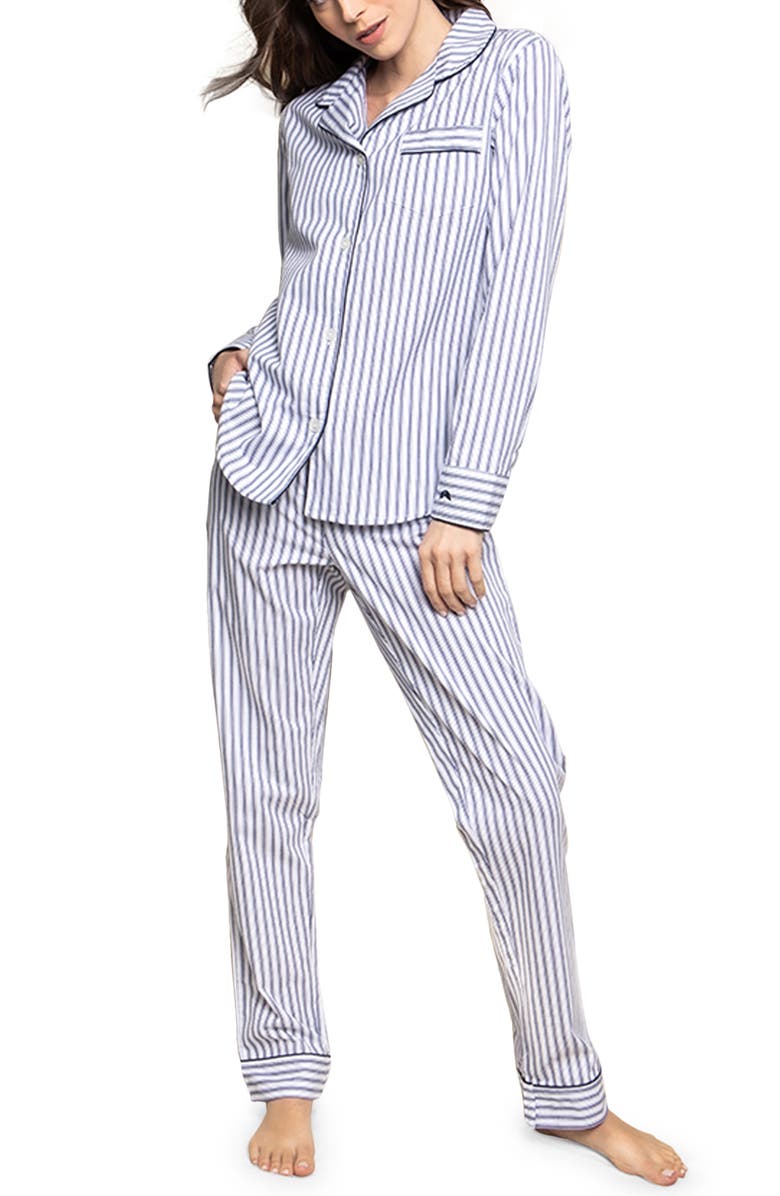 Petite Plume French Ticking Stripe Pajamas, Main, color, Navy