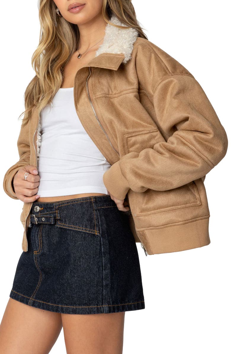 EDIKTED Faux Shearling Bomber Jacket, Alternate, color, Tan