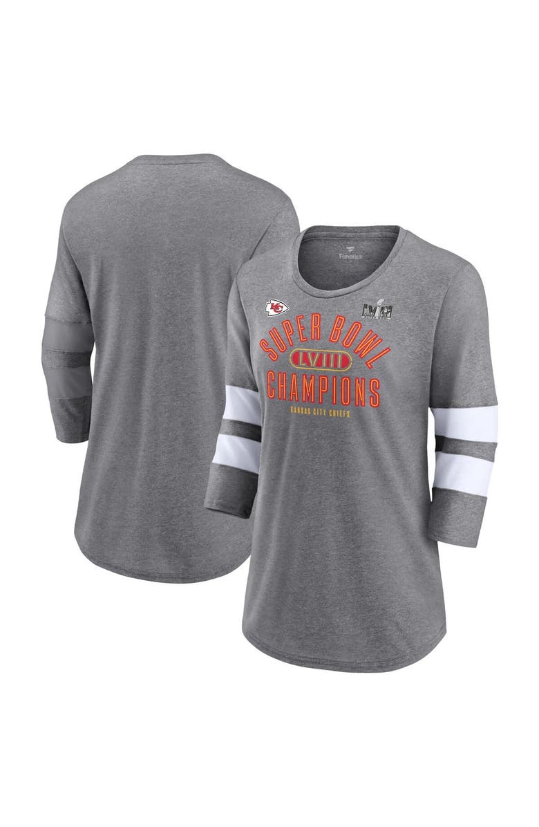 FANATICS Women's Fanatics Branded  Heather Gray Kansas City Chiefs Super Bowl LVIII Champions Under the Lights Tri-Blend 3/4-Sleeve T-Shirt, Main, color, 