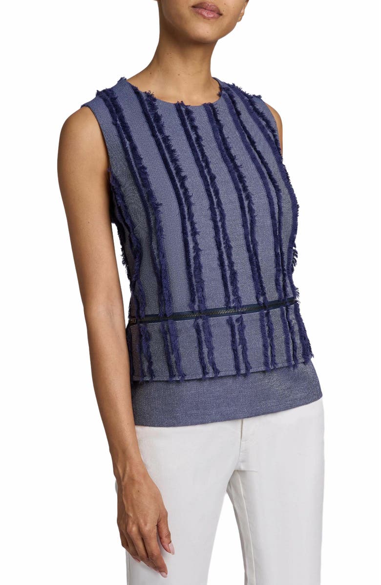 Santorelli CATERINA Sleeveless Top with Zipper Detail in Stripe Fringed Denim, Main, color, 
