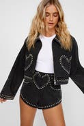 NASTY GAL Heart Studded Cropped Denim Jacket