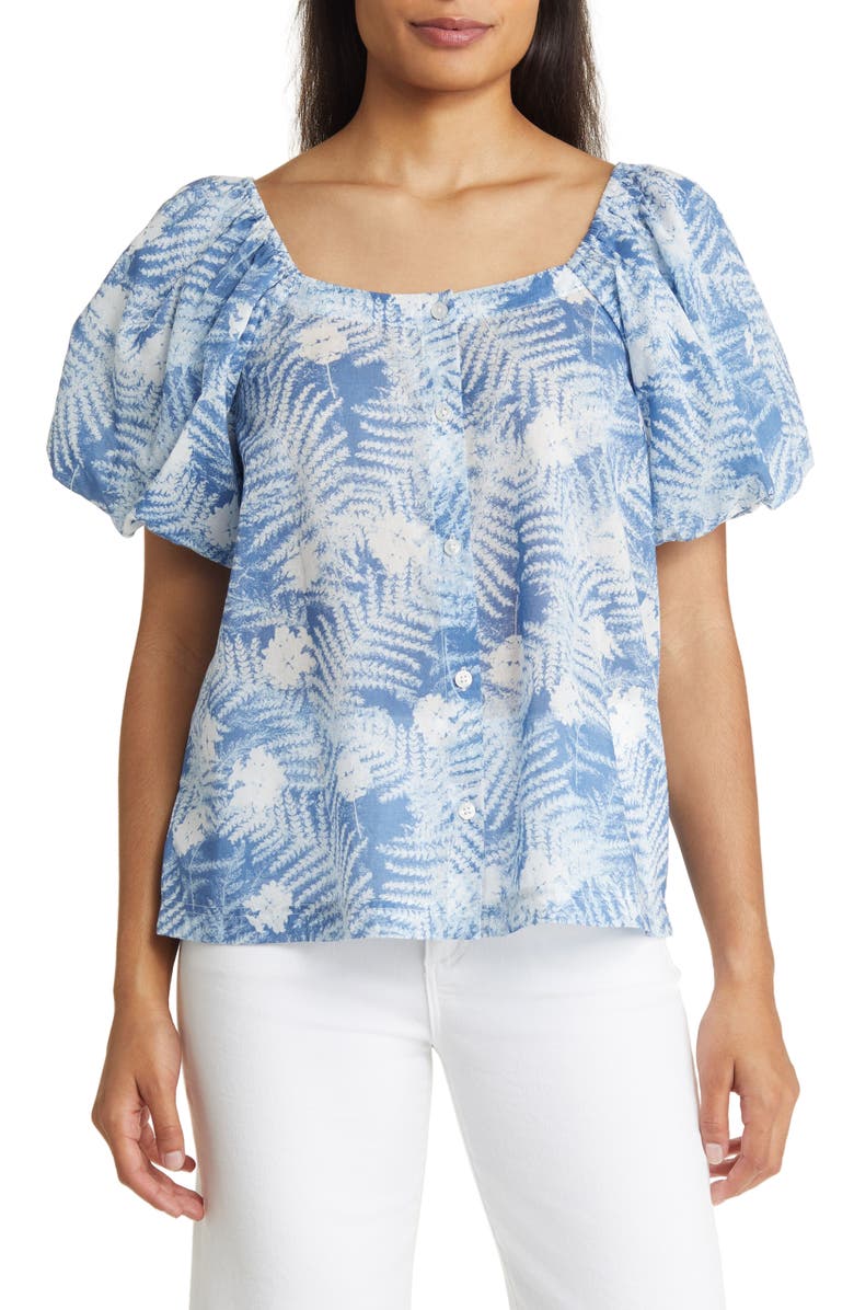 Caslon<sup>®</sup> Print Puff Sleeve Organic Cotton Top, Main, color, Blue Moonlight Floral Ferns