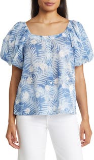 Caslon® Print Puff Sleeve Organic Cotton Top
