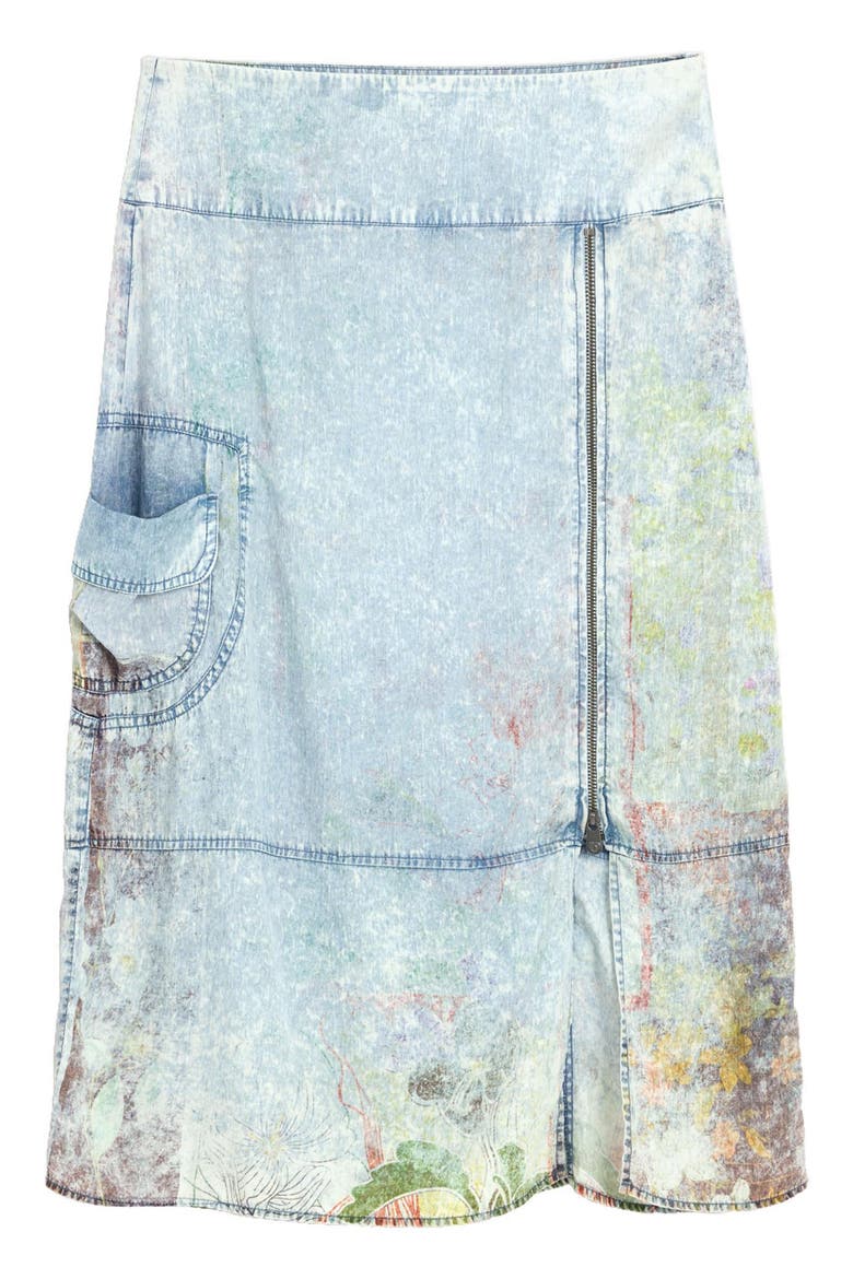 Graphic Print Straight Midi Denim Skirt, Alternate, color, LIGHT BLUE